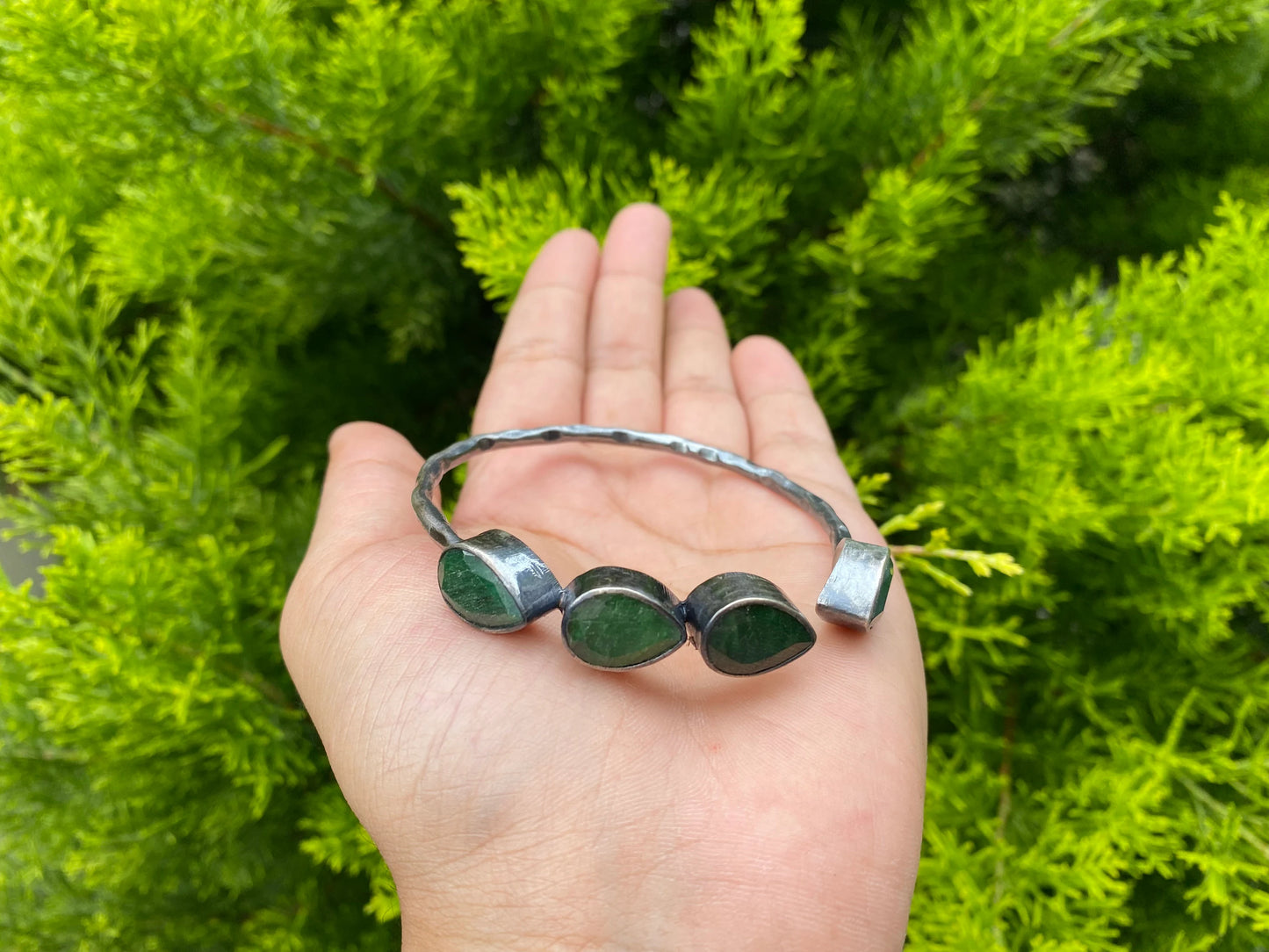Large Adjustable Natural Emerald Antique Silver Cuff Bracelet | Hammered Oxidized Silver Overlay Jewelry, Unique Bracelet for daily use