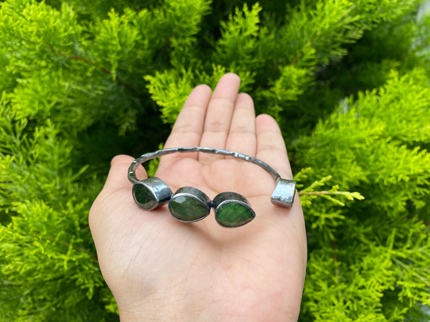 Large Adjustable Natural Emerald Antique Silver Cuff Bracelet | Hammered Oxidized Silver Overlay Jewelry, Unique Bracelet for daily use