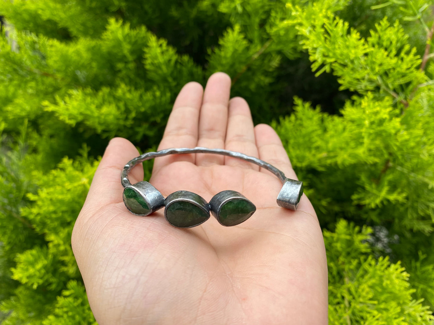 Large Adjustable Natural Emerald Antique Silver Cuff Bracelet | Hammered Oxidized Silver Overlay Jewelry, Unique Bracelet for daily use