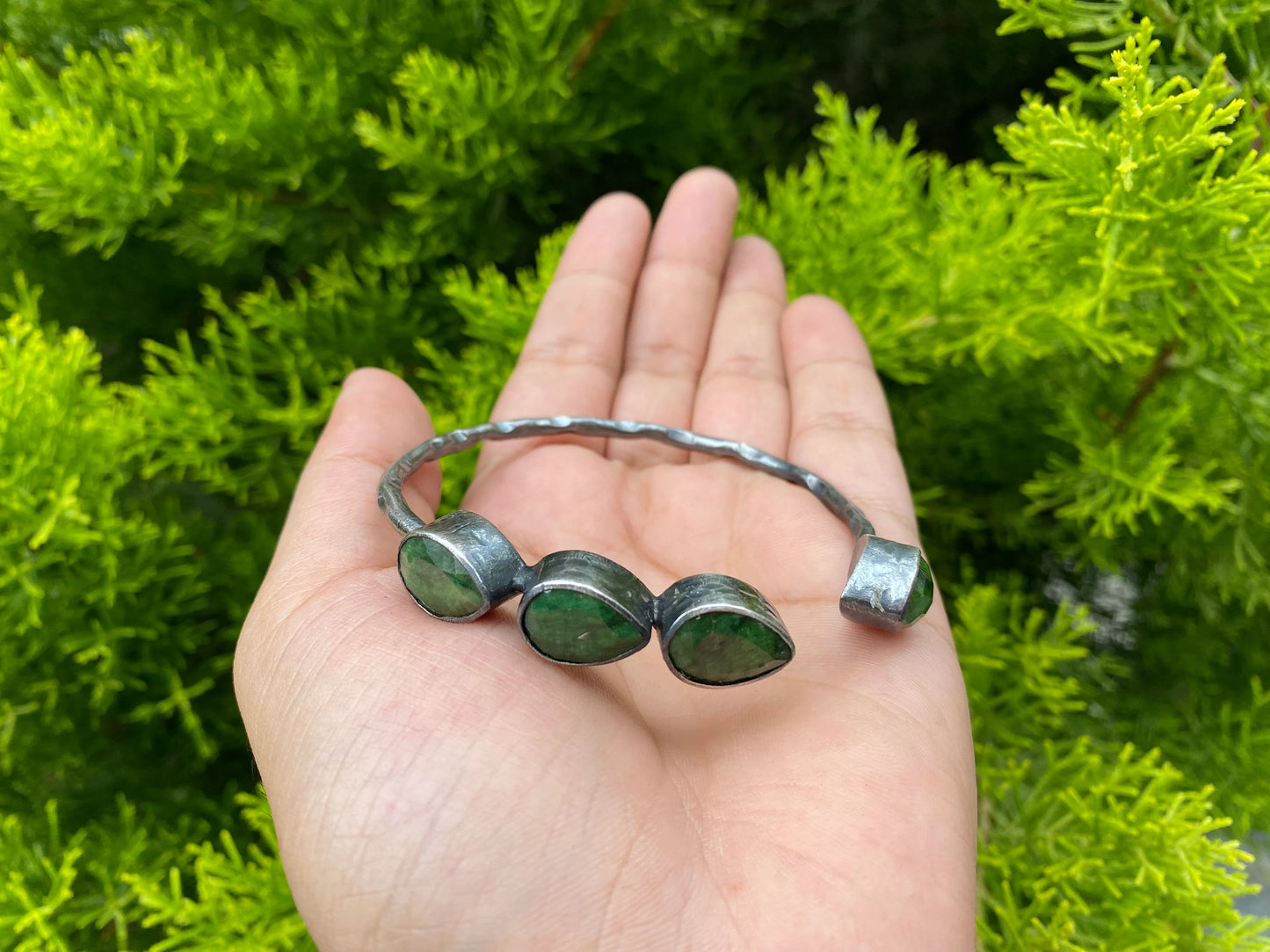 Large Adjustable Natural Emerald Antique Silver Cuff Bracelet | Hammered Oxidized Silver Overlay Jewelry, Unique Bracelet for daily use