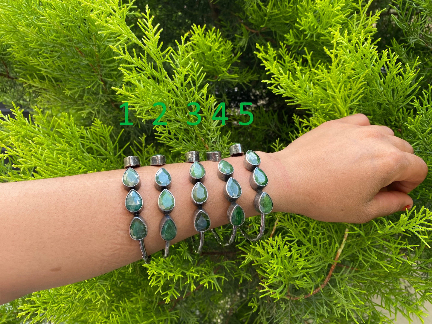 Large Adjustable Natural Emerald Antique Silver Cuff Bracelet | Hammered Oxidized Silver Overlay Jewelry, Unique Bracelet for daily use