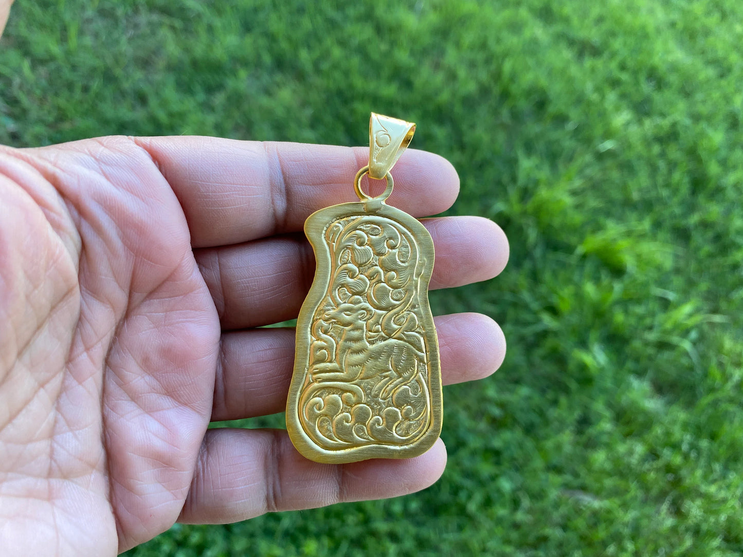 Halloween Skull Bone Carved Pendant, High Quality 18K Brushed Gold Overlay Non Tarnish, Tribal Jewelry, Tibetan Jewelry, for Men or Women