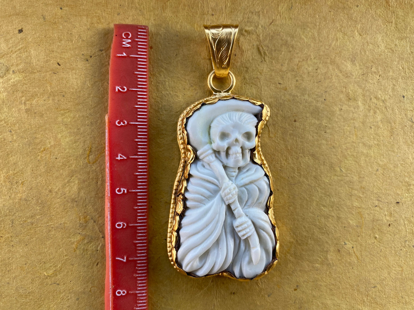 Halloween Skull Bone Carved Pendant, High Quality 18K Brushed Gold Overlay Non Tarnish, Tribal Jewelry, Tibetan Jewelry, for Men or Women