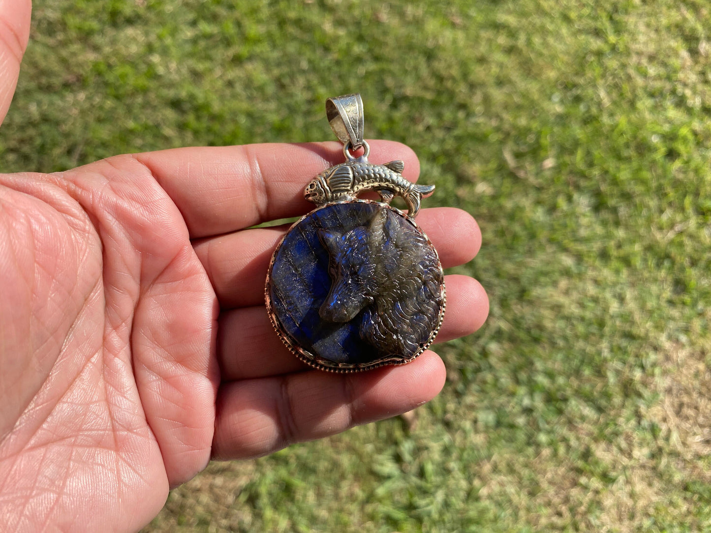 Carved Dog Labradorite Pendant, Tibetan Silver, Natural Stone Jewelry, Pet Lover's Jewelry, Paw Fashion Jewelry, Dog Memorable Gift
