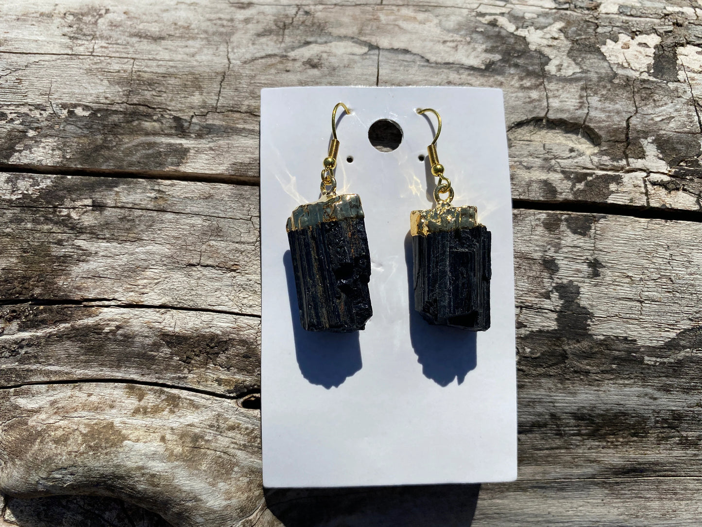 Raw Black Tourmaline Earrings, Gold Electroplated, Raw Gemstone Earrings, Dangle Earring, Gifts for Mom, Mothers Day Gift, Healing Crystal