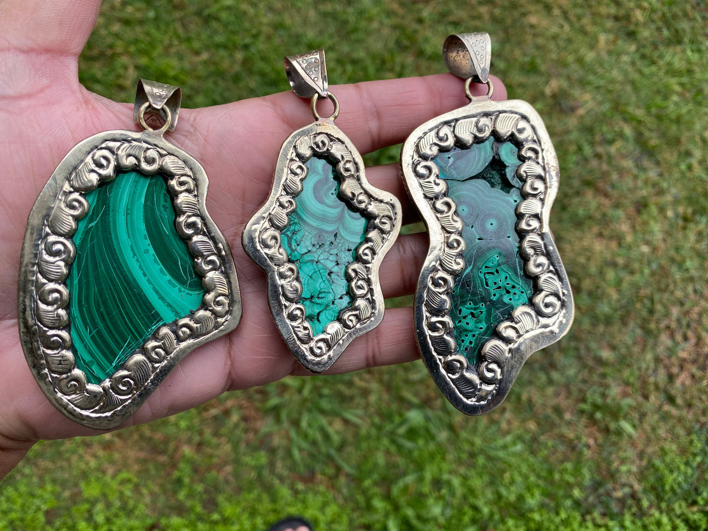 Raw Malachite Slab Natural Stone Tibetan Silver Pendant, Ethnic Jewelry, Energy Stone Pendant, Birthstone, Healing Crystal, Freeform Stone
