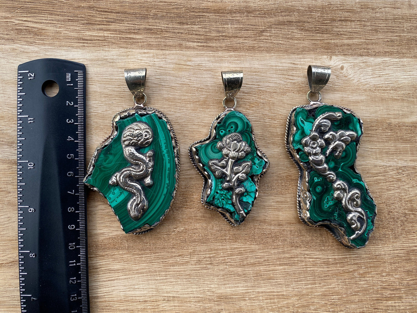 Raw Malachite Slab Natural Stone Tibetan Silver Pendant, Ethnic Jewelry, Energy Stone Pendant, Birthstone, Healing Crystal, Freeform Stone