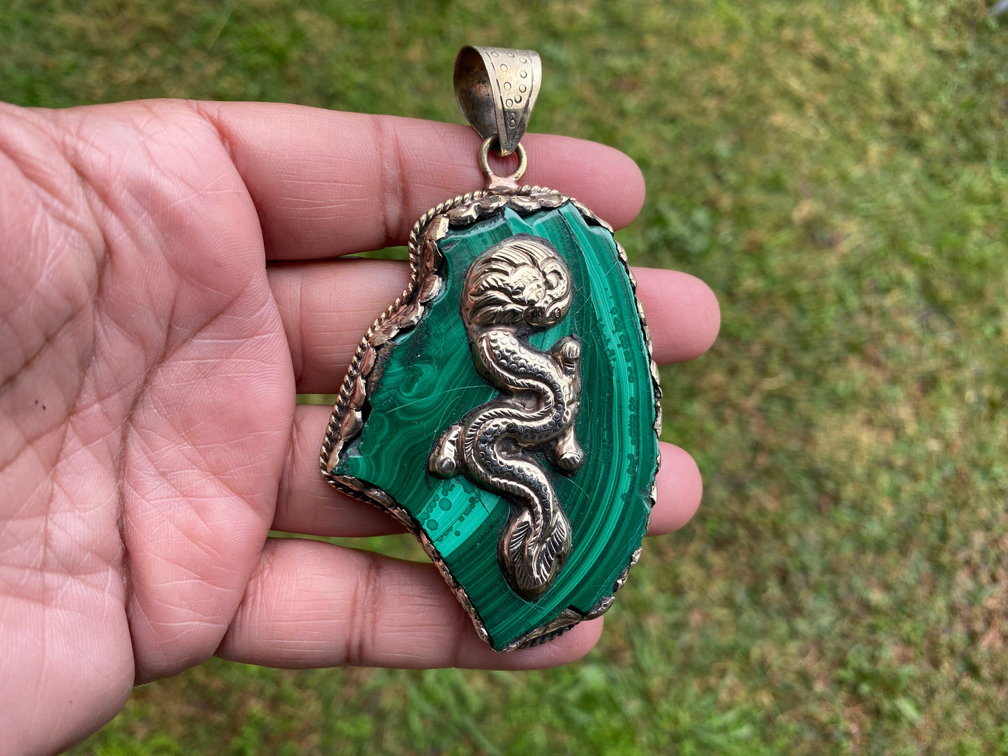 Raw Malachite Slab Natural Stone Tibetan Silver Pendant, Ethnic Jewelry, Energy Stone Pendant, Birthstone, Healing Crystal, Freeform Stone