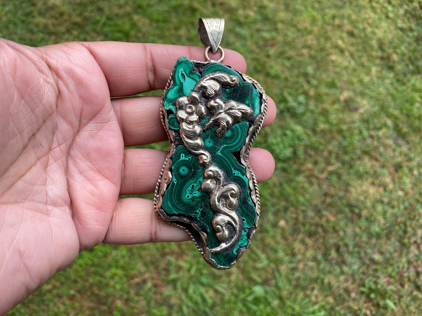 Raw Malachite Slab Natural Stone Tibetan Silver Pendant, Ethnic Jewelry, Energy Stone Pendant, Birthstone, Healing Crystal, Freeform Stone