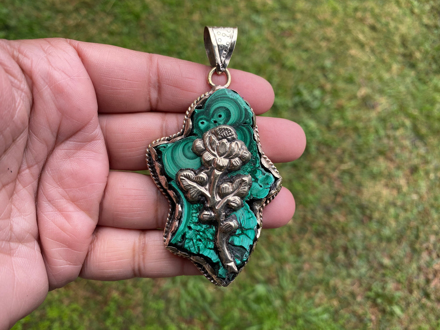 Raw Malachite Slab Natural Stone Tibetan Silver Pendant, Ethnic Jewelry, Energy Stone Pendant, Birthstone, Healing Crystal, Freeform Stone