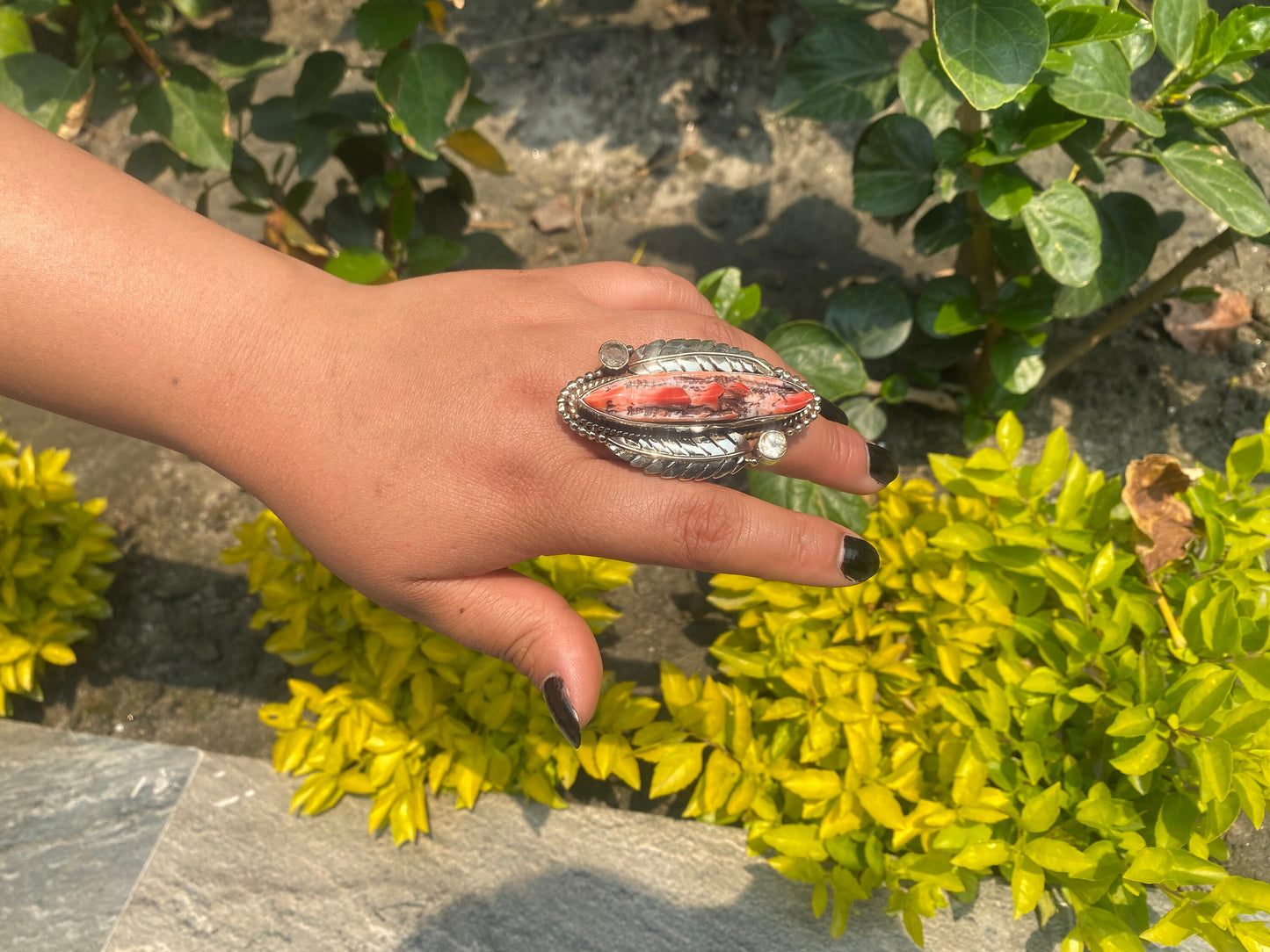 Hammered Spiny Oyster Ring with Floral Carved Design on Tibetan silver.