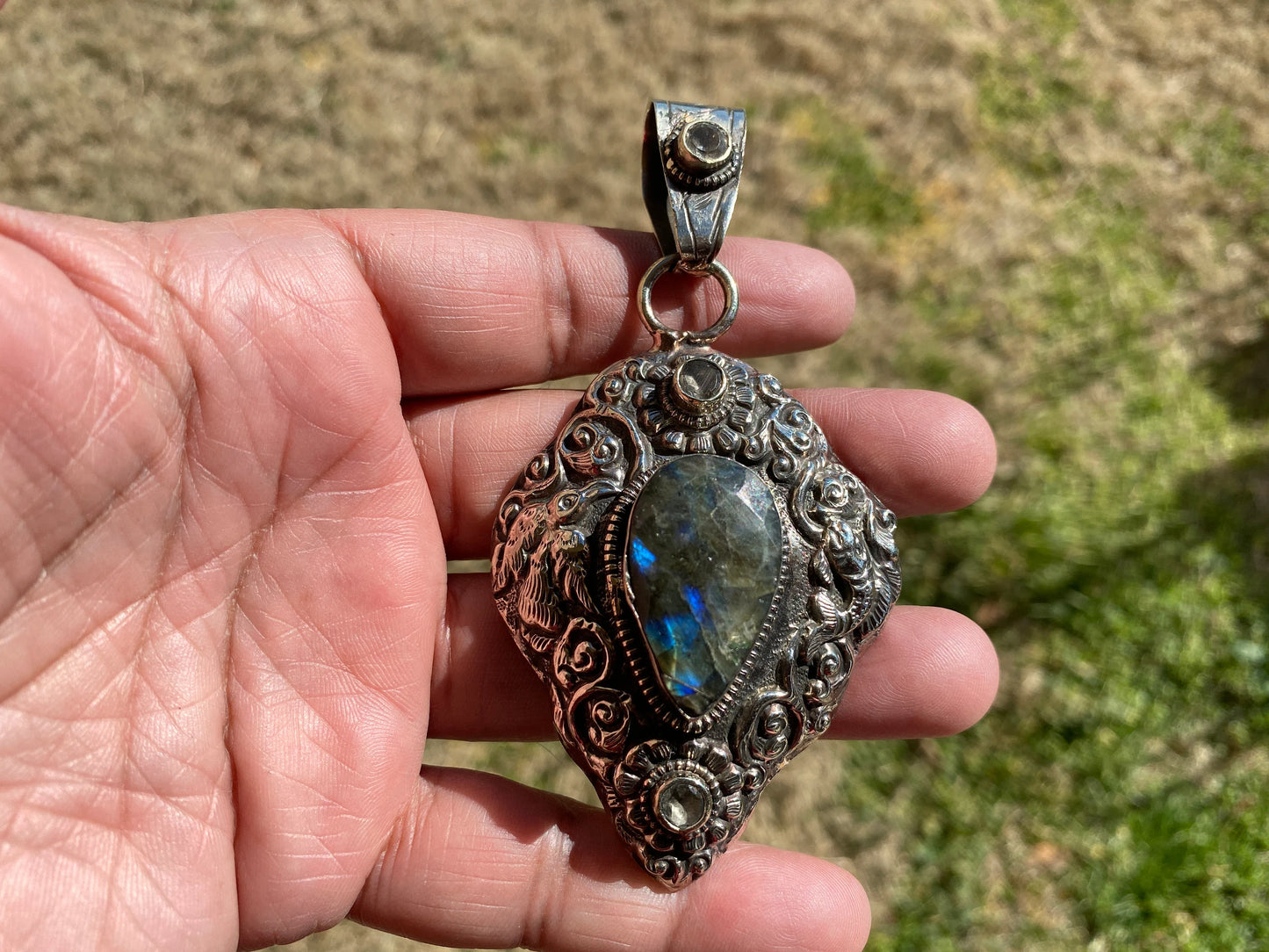 Natural Labradorite Tibetan Silver Pendant with Gemstone, Healing Crystal, Women Jewelry, Birthstone, Ethnic Jewelry, Natural Stone Pendant