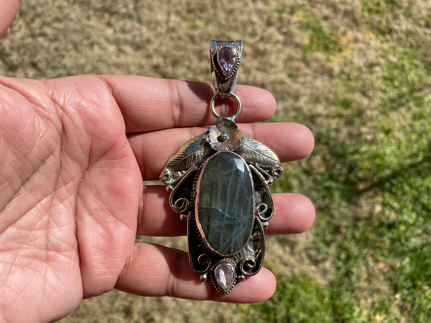 Natural Labradorite Tibetan Silver Pendant with Gemstone, Healing Crystal, Women Jewelry, Birthstone, Ethnic Jewelry, Natural Stone Pendant