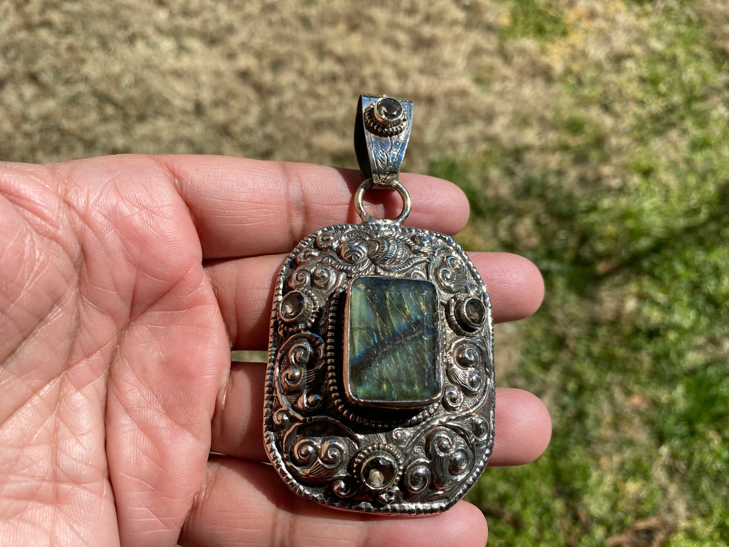 Natural Labradorite Tibetan Silver Pendant with Gemstone, Healing Crystal, Women Jewelry, Birthstone, Ethnic Jewelry, Natural Stone Pendant