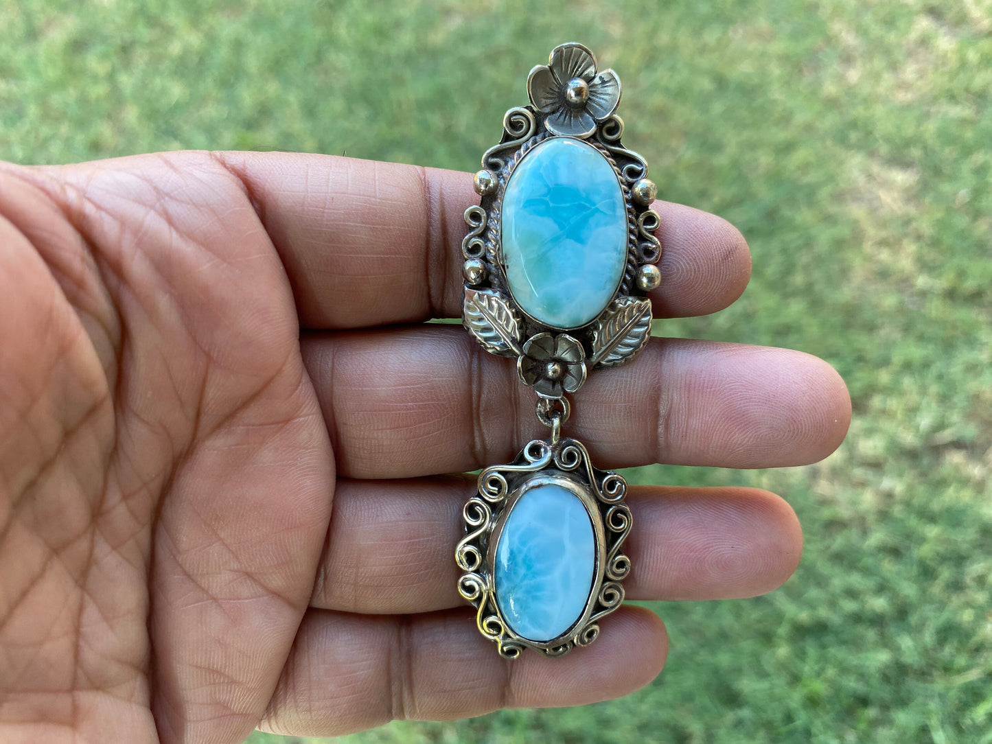 Larimar Natural Stone Tibetan Silver Pendant, Jewelry for Men or Women, Ethnic Jewelry, Energy Stone Pendant, Birthstone, Hill Tribe, Boho