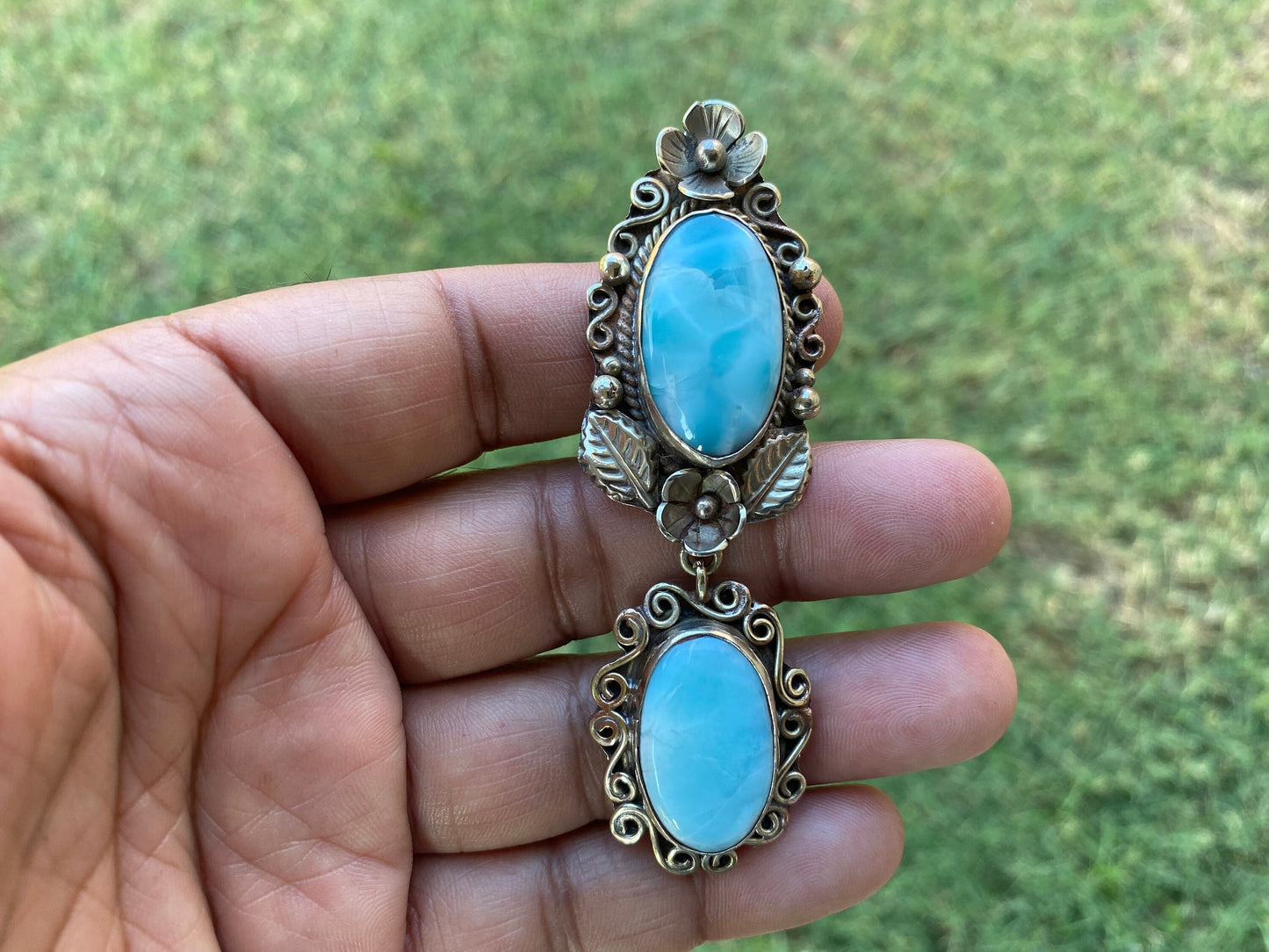 Larimar Natural Stone Tibetan Silver Pendant, Jewelry for Men or Women, Ethnic Jewelry, Energy Stone Pendant, Birthstone, Hill Tribe, Boho