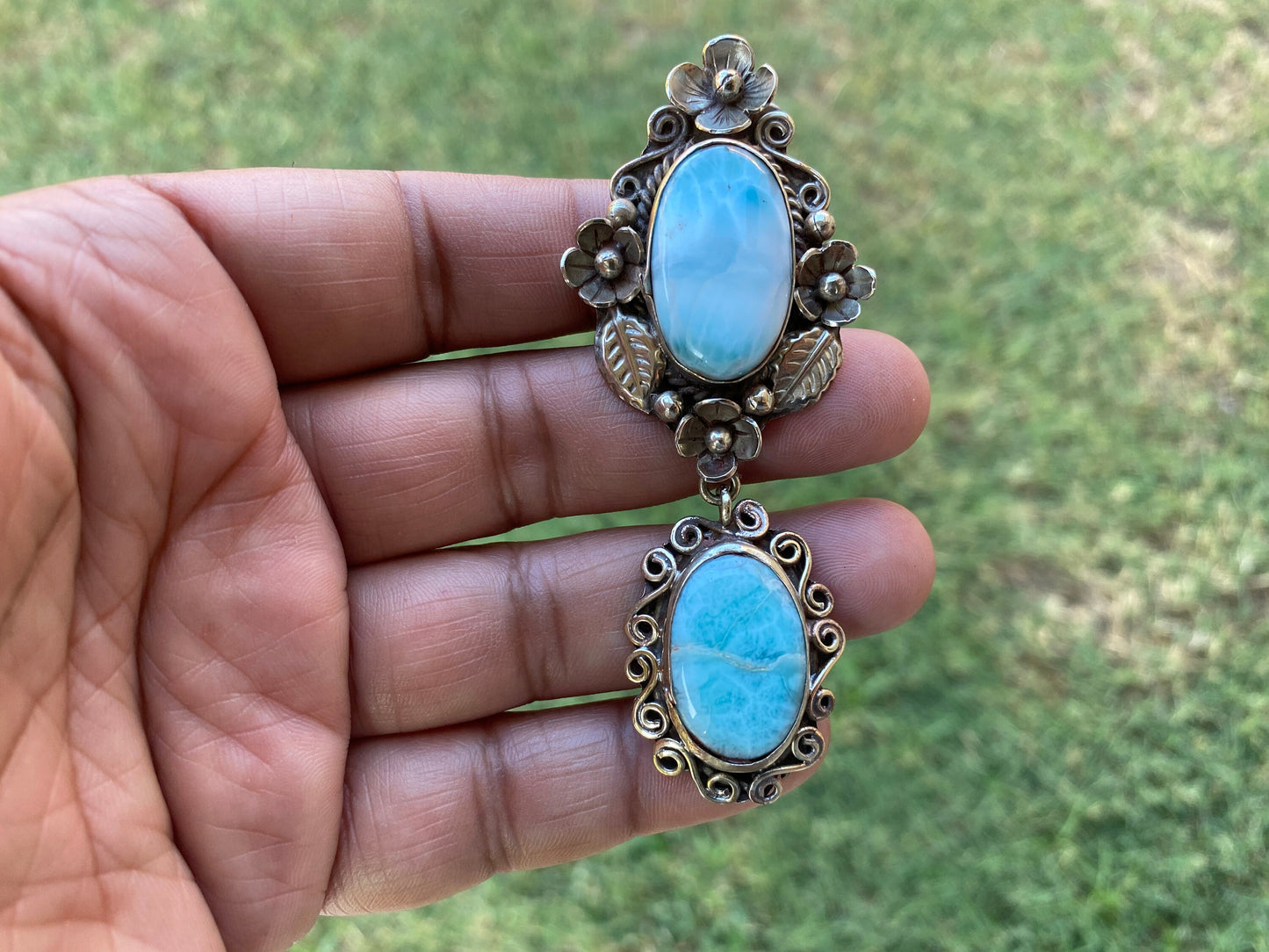Larimar Natural Stone Tibetan Silver Pendant, Jewelry for Men or Women, Ethnic Jewelry, Energy Stone Pendant, Birthstone, Hill Tribe, Boho