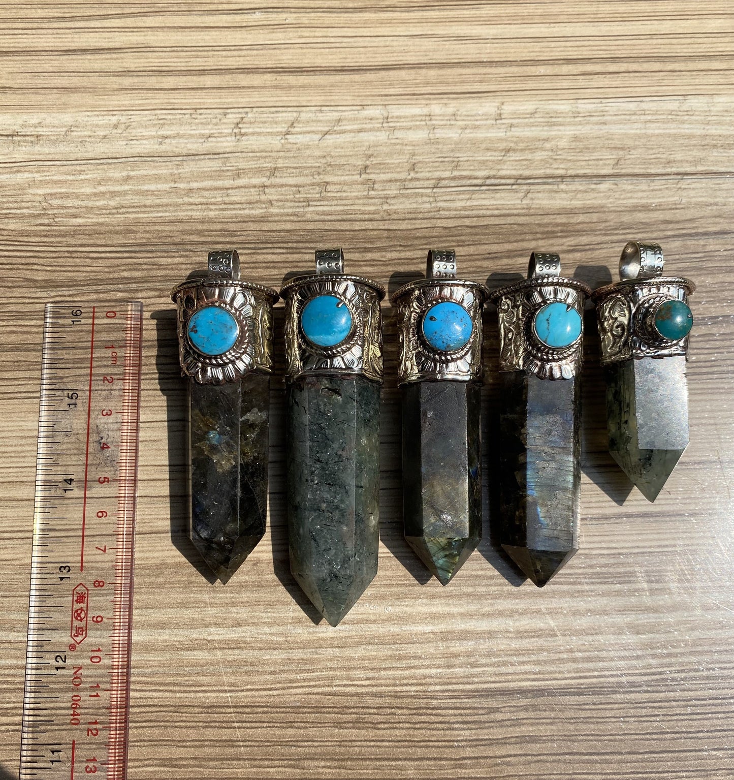 Pointed Labradorite or Prehnite with Turquoise Tibetan Silver Pendent , Handcrafted Pointed Labradorite and Prehnite for Necklace