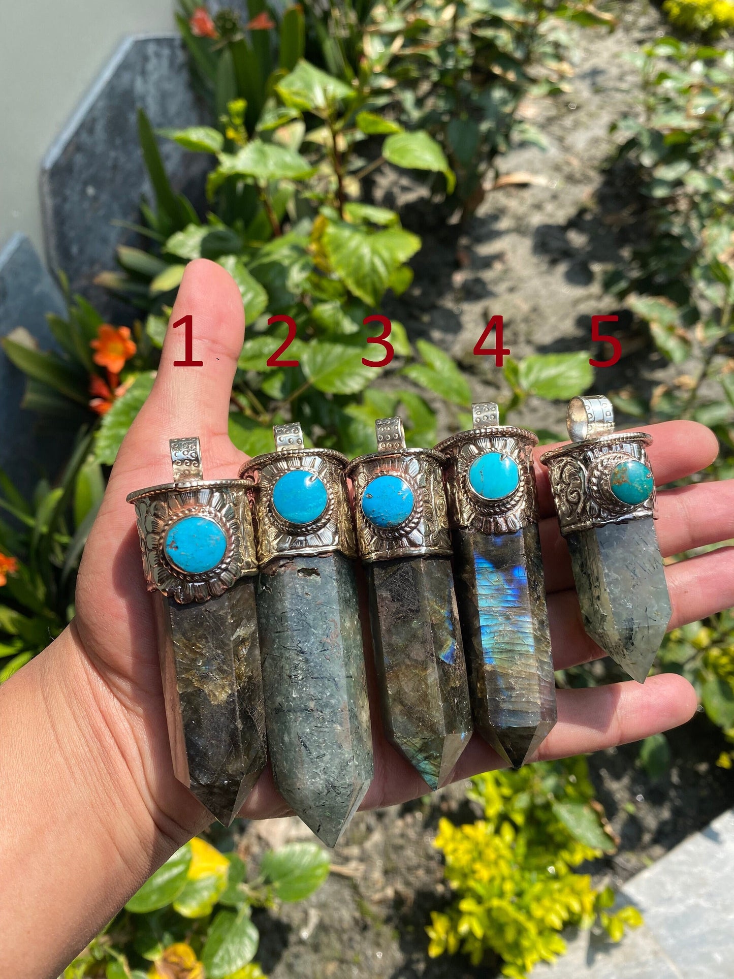 Pointed Labradorite or Prehnite with Turquoise Tibetan Silver Pendent , Handcrafted Pointed Labradorite and Prehnite for Necklace