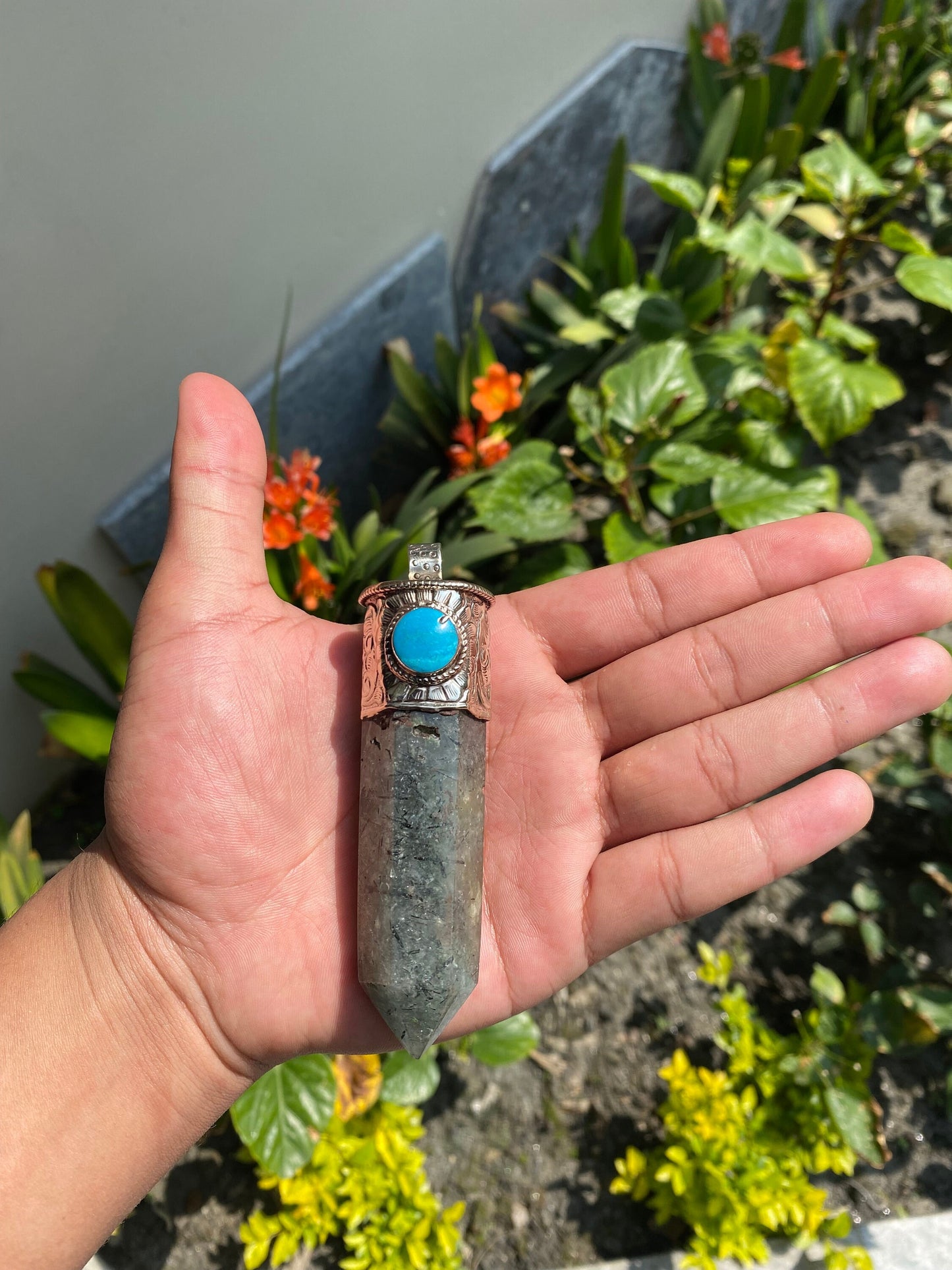 Pointed Labradorite or Prehnite with Turquoise Tibetan Silver Pendent , Handcrafted Pointed Labradorite and Prehnite for Necklace