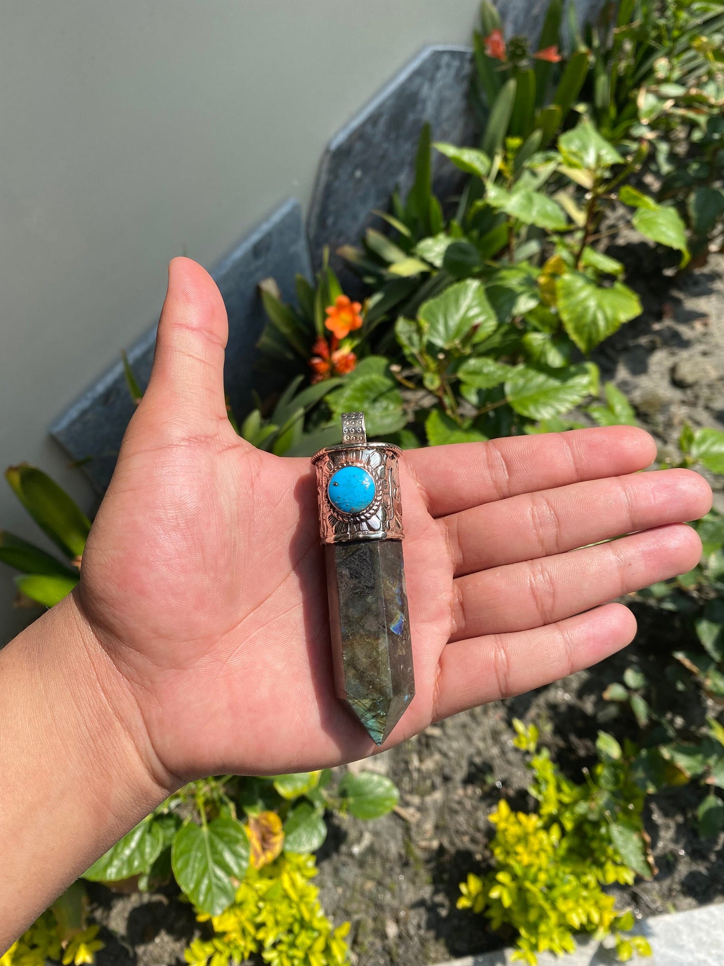 Pointed Labradorite or Prehnite with Turquoise Tibetan Silver Pendent , Handcrafted Pointed Labradorite and Prehnite for Necklace