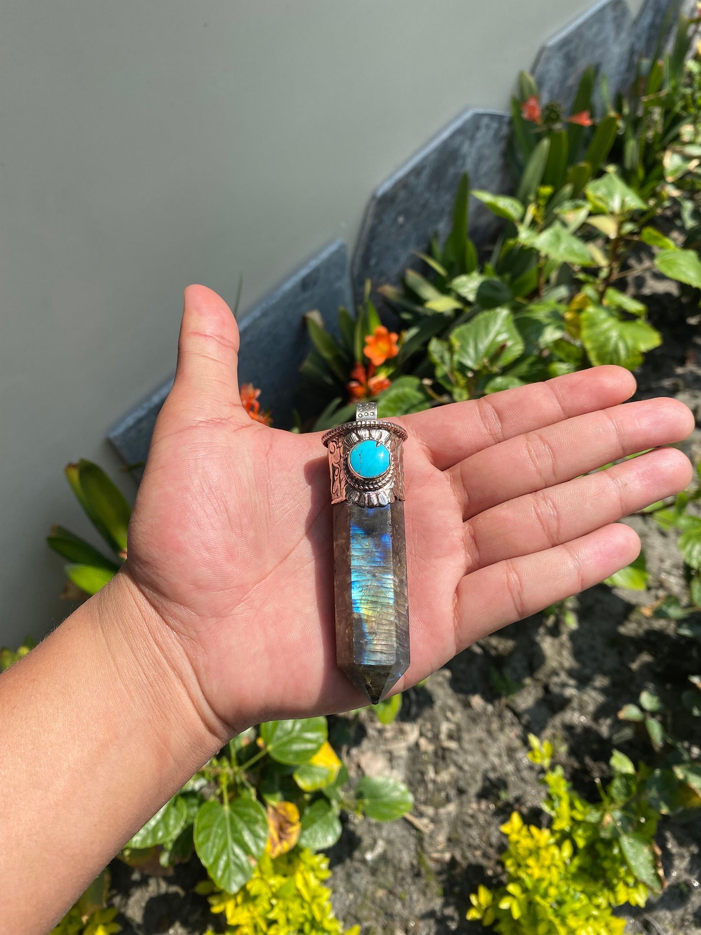 Pointed Labradorite or Prehnite with Turquoise Tibetan Silver Pendent , Handcrafted Pointed Labradorite and Prehnite for Necklace