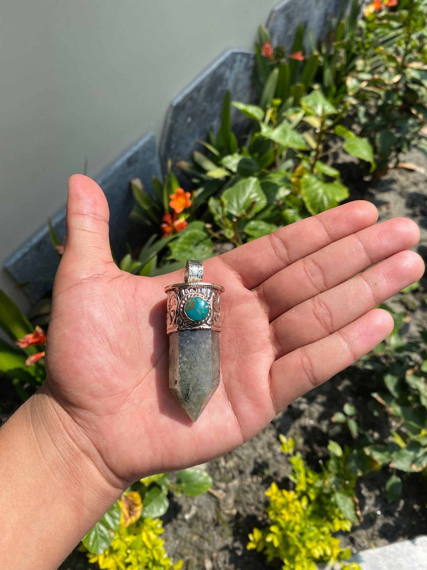 Pointed Labradorite or Prehnite with Turquoise Tibetan Silver Pendent , Handcrafted Pointed Labradorite and Prehnite for Necklace