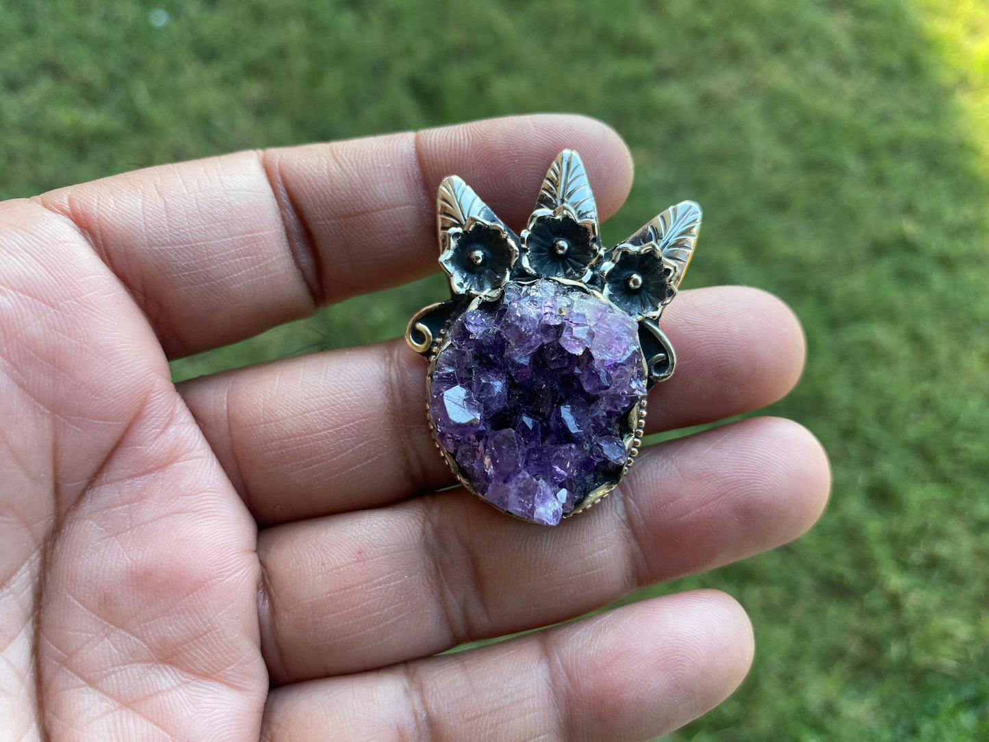 Raw Amethyst Druzy Natural Stone Tibetan Silver Pendant, Healing Pendant, Hill Tribe Women's Jewelry, Birthstone Pendant, Pendant Necklace