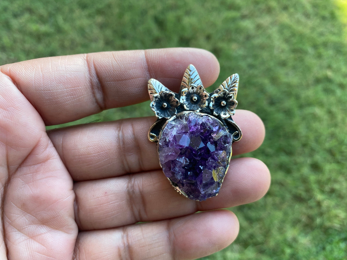 Raw Amethyst Druzy Natural Stone Tibetan Silver Pendant, Healing Pendant, Hill Tribe Women's Jewelry, Birthstone Pendant, Pendant Necklace