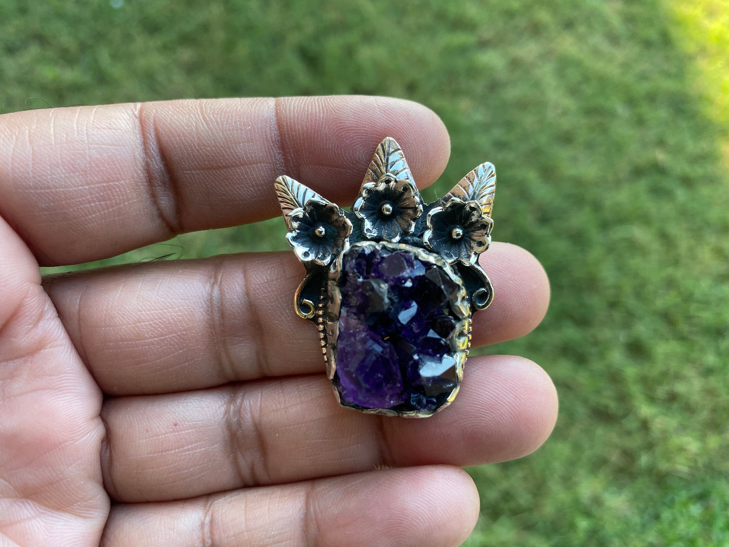 Raw Amethyst Druzy Natural Stone Tibetan Silver Pendant, Healing Pendant, Hill Tribe Women's Jewelry, Birthstone Pendant, Pendant Necklace