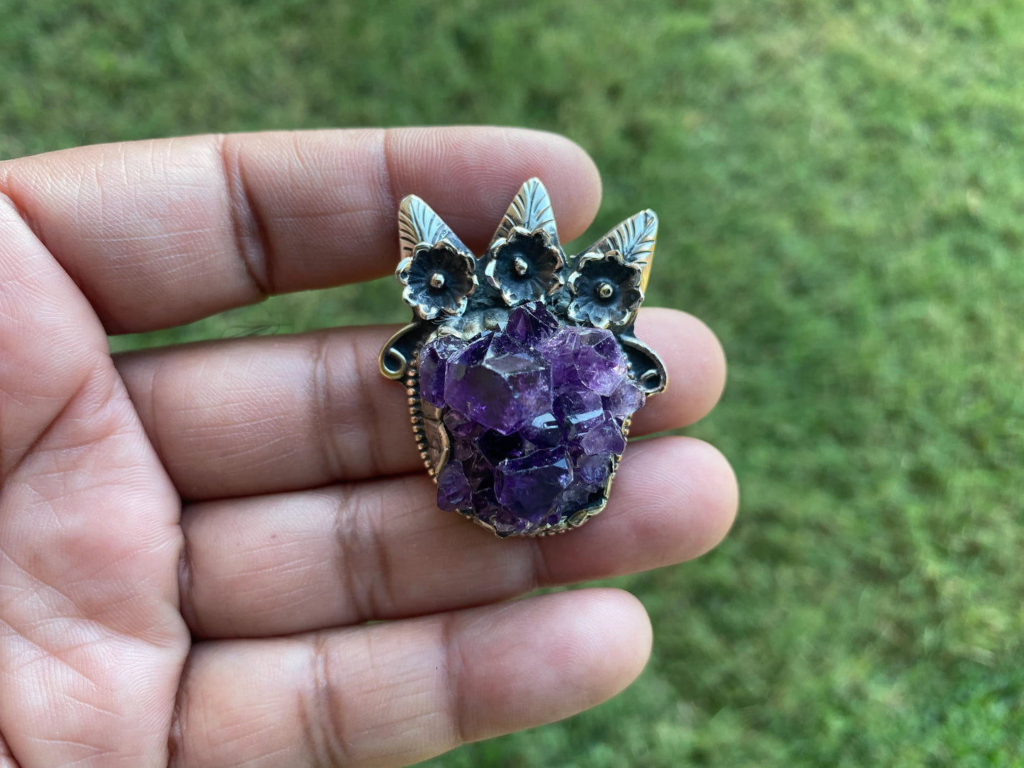 Raw Natural Amethyst Druzy Stone Tibetan Silver Pendant, Healing Pendant, Hill Tribe Women's Jewelry, Birthstone Pendant for Necklace, Boho