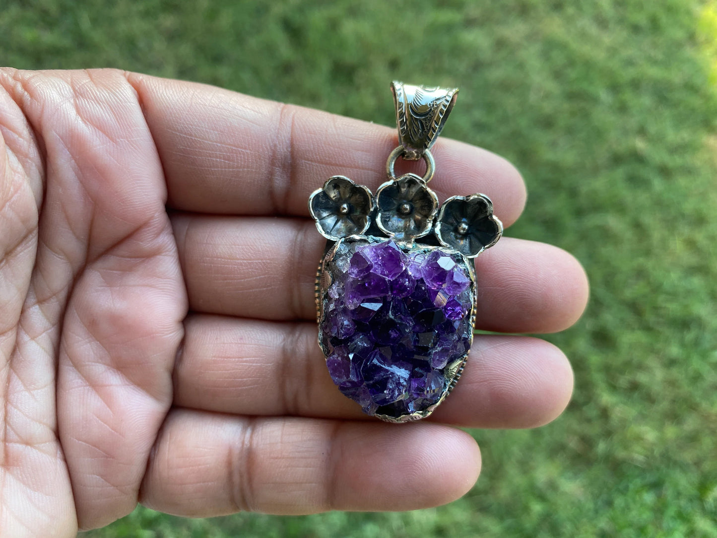 Raw Natural Amethyst Druzy Stone Tibetan Silver Pendant, Healing Pendant, Hill Tribe Women's Jewelry, Birthstone Pendant for Necklace, Boho