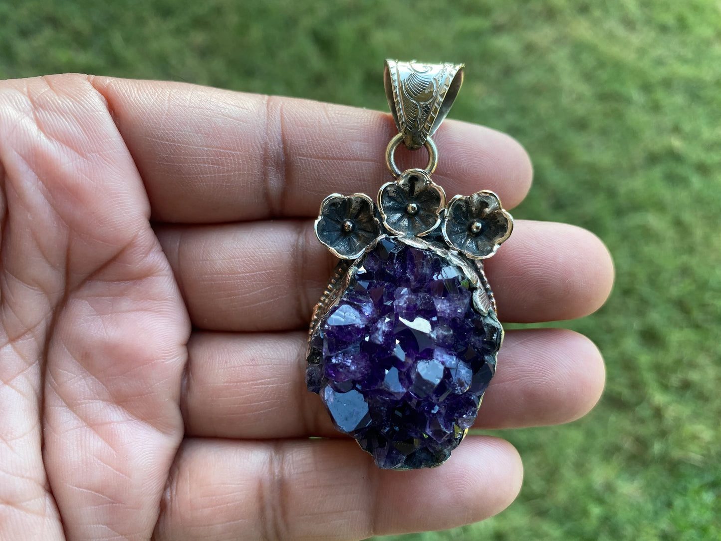 Raw Natural Amethyst Druzy Stone Tibetan Silver Pendant, Healing Pendant, Hill Tribe Women's Jewelry, Birthstone Pendant for Necklace, Boho