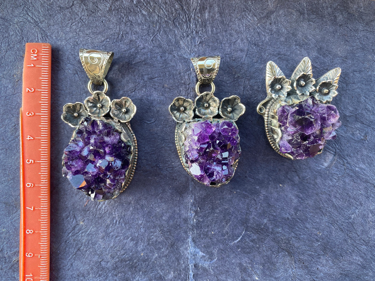 Raw Natural Amethyst Druzy Stone Tibetan Silver Pendant, Healing Pendant, Hill Tribe Women's Jewelry, Birthstone Pendant for Necklace, Boho