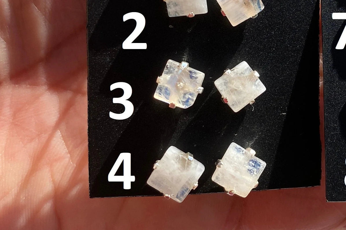 Tiny Raw Rainbow Natural Moonstone Gemstone Stud Earrings, Sterling Silver Earrings, Prong Stud Earring, Crystal Stud, June Birthstone