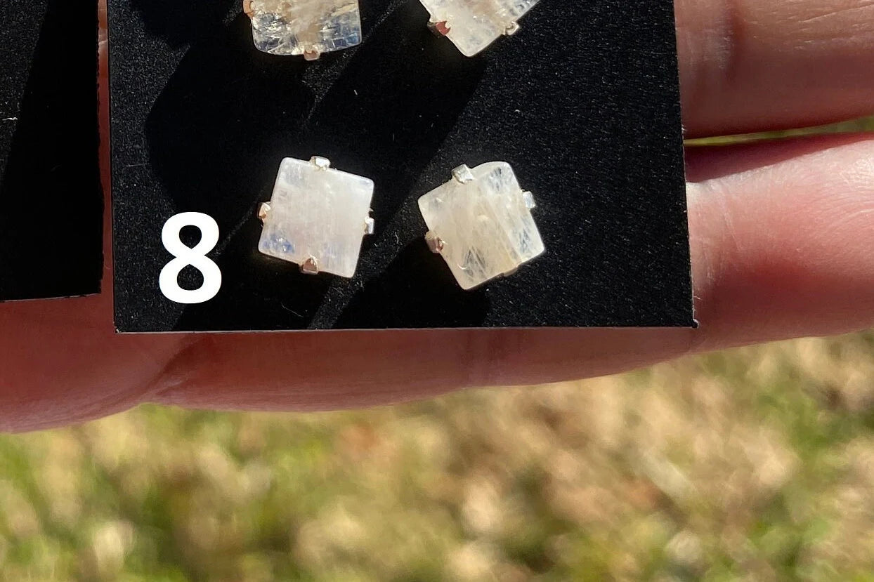Tiny Raw Rainbow Natural Moonstone Gemstone Stud Earrings, Sterling Silver Earrings, Prong Stud Earring, Crystal Stud, June Birthstone