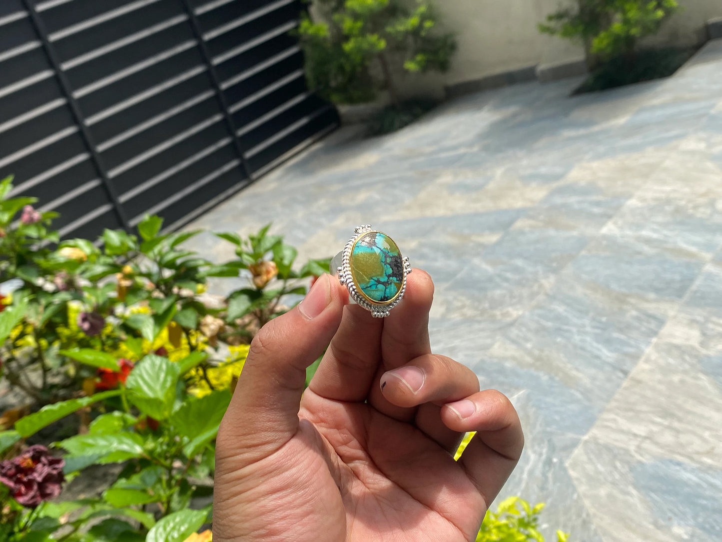 Timeless Treasures: Turquoise Boho Ring for the Modern Woman, Handmade Ring, Hammered Ring, Oval shaped Ring.