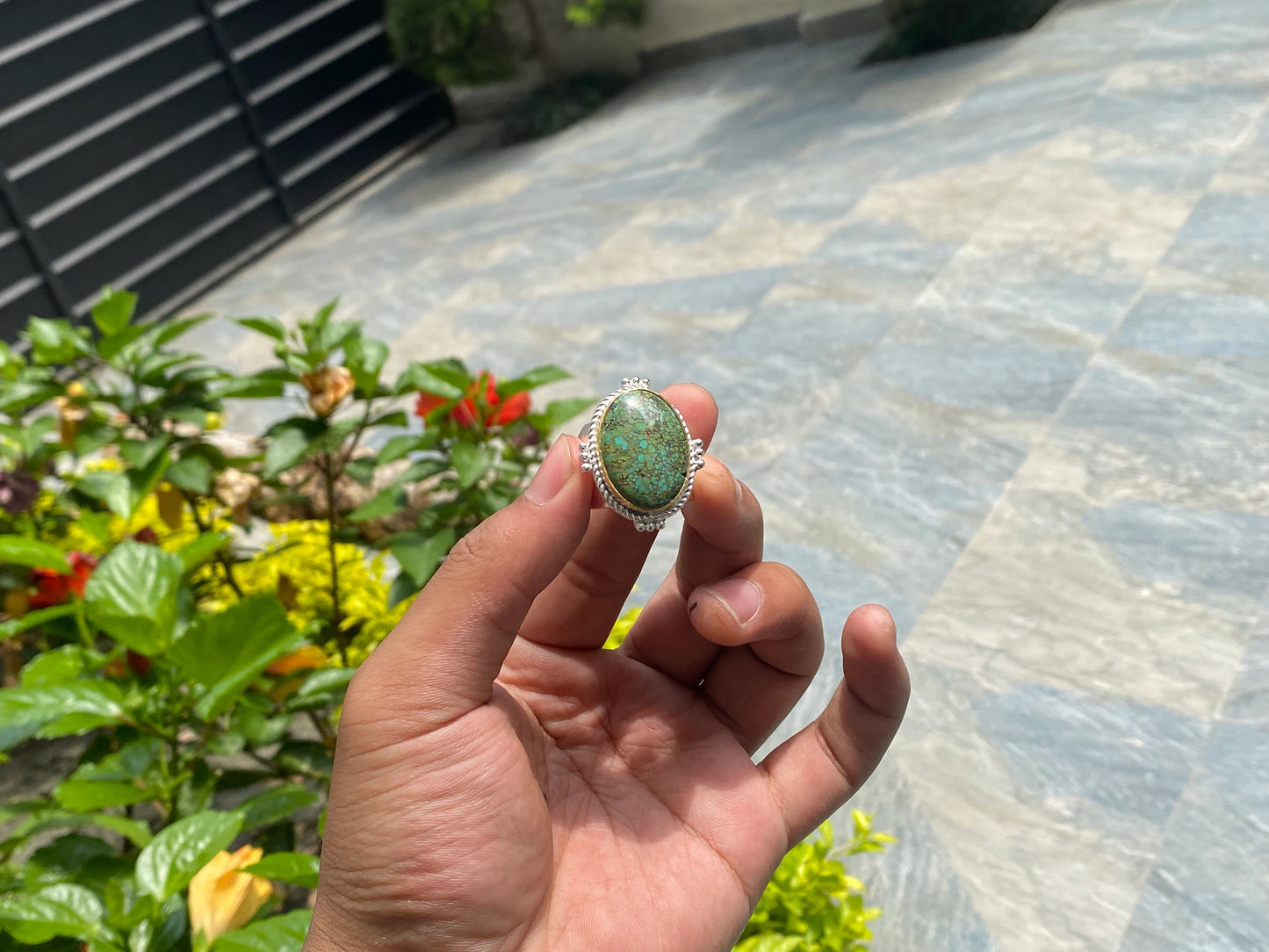 Timeless Treasures: Turquoise Boho Ring for the Modern Woman, Handmade Ring, Hammered Ring, Oval shaped Ring.