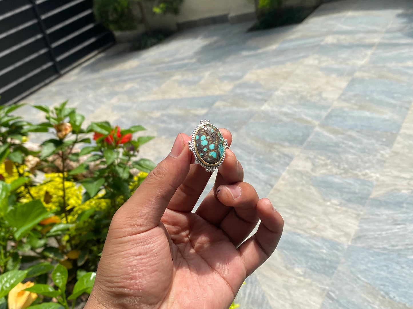 Timeless Treasures: Turquoise Boho Ring for the Modern Woman, Handmade Ring, Hammered Ring, Oval shaped Ring.