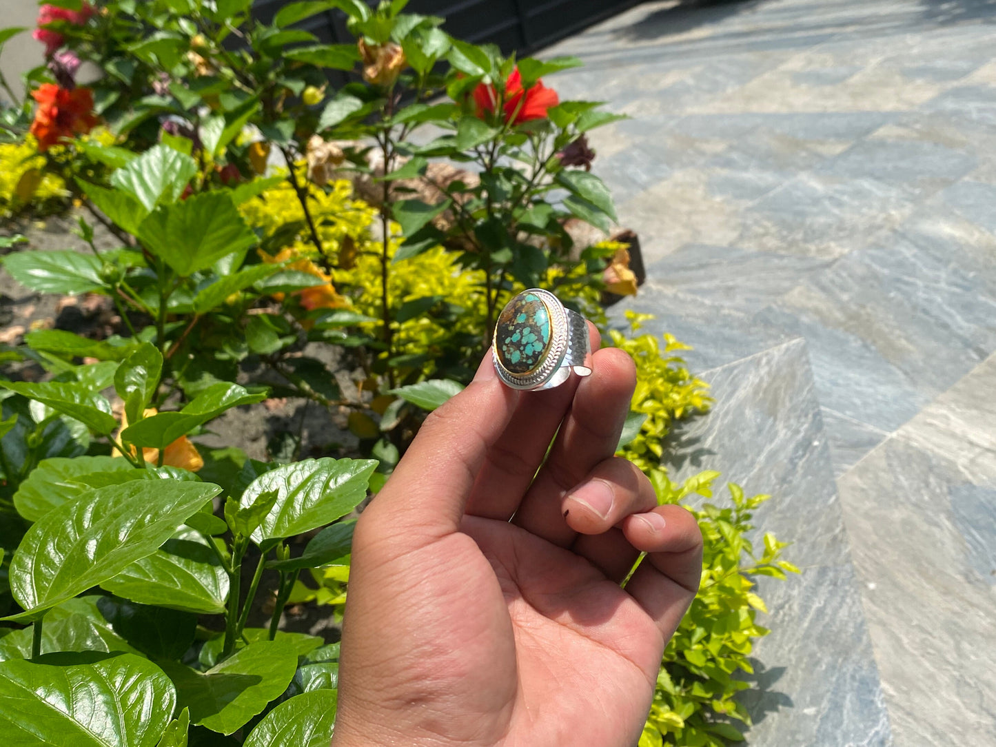 Turquoise Temptation: Natural Turquoise Ring with Silver and Gold Overlay, Boho Elegance, gift ideas, Unisex Ring, Adjustable Ring.