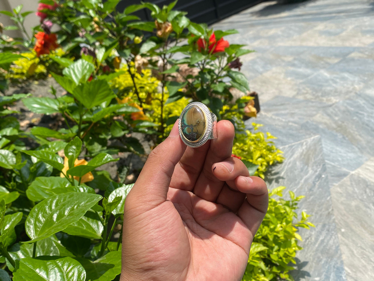 Turquoise Temptation: Natural Turquoise Ring with Silver and Gold Overlay, Boho Elegance, gift ideas, Unisex Ring, Adjustable Ring.