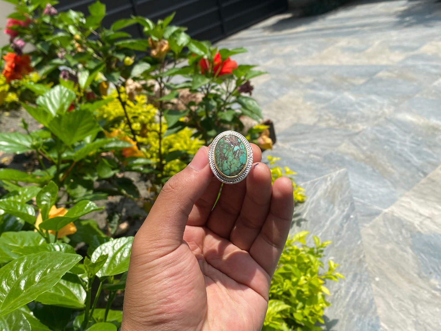 Turquoise Temptation: Natural Turquoise Ring with Silver and Gold Overlay, Boho Elegance, gift ideas, Unisex Ring, Adjustable Ring.