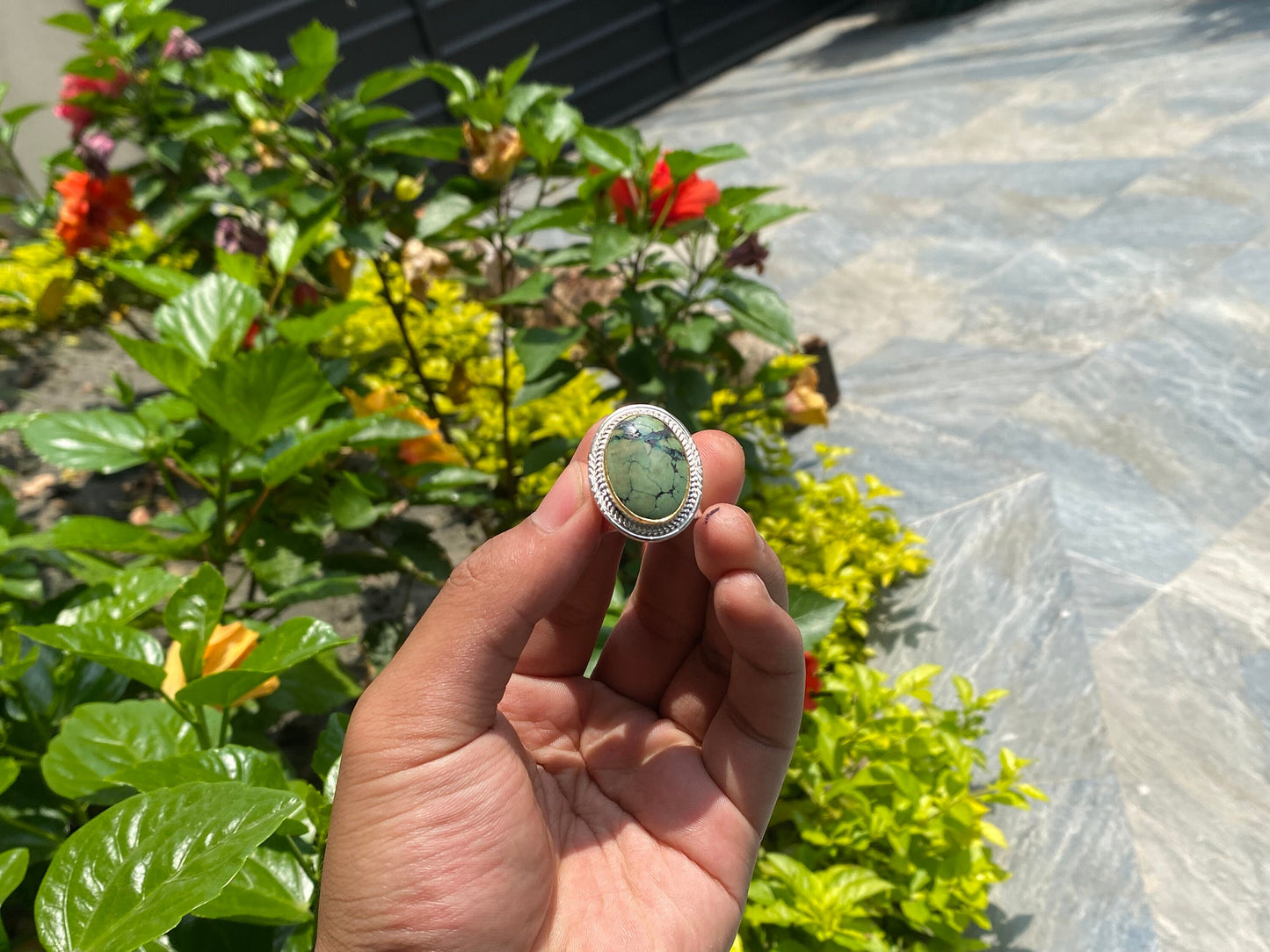 Turquoise Temptation: Natural Turquoise Ring with Silver and Gold Overlay, Boho Elegance, gift ideas, Unisex Ring, Adjustable Ring.
