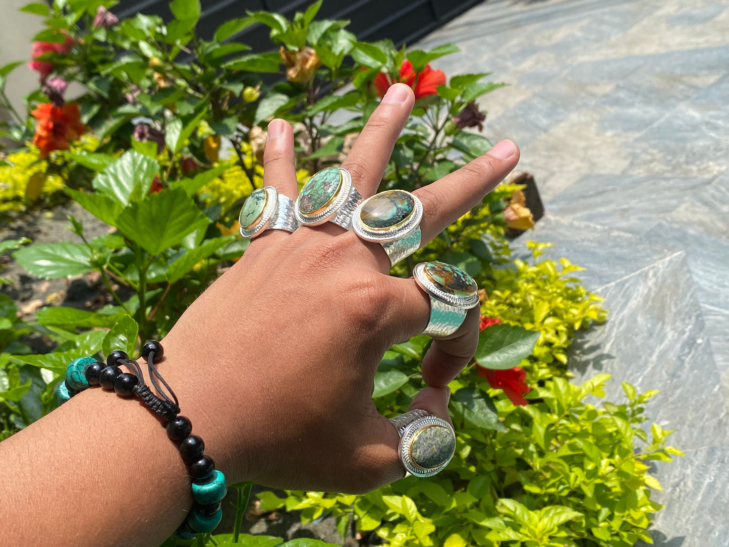 Turquoise Temptation: Natural Turquoise Ring with Silver and Gold Overlay, Boho Elegance, gift ideas, Unisex Ring, Adjustable Ring.