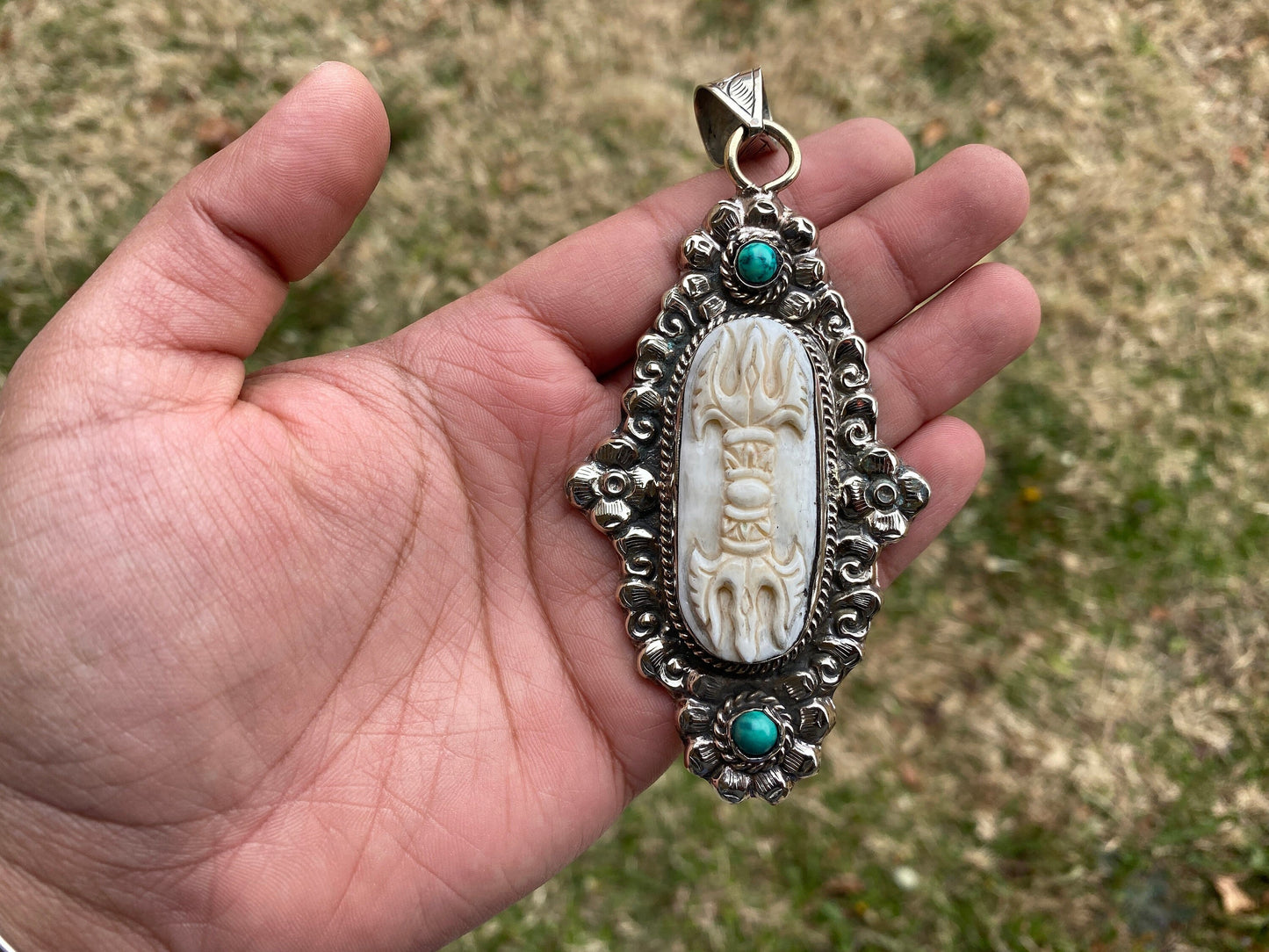 Vajra Amulet Carved Bone Tibetan Silver with Turquoise Dorje Pendant, Protector Amulet, Buddhist Thunderbold, Tibetan Buddhist Ritual Object