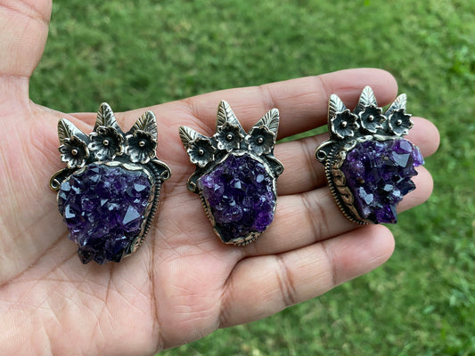 Raw Amethyst Druzy Natural Stone Tibetan Silver Pendant, Healing Pendant, Hill Tribe Women's Jewelry, Birthstone Pendant, Pendant Necklace