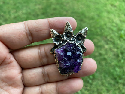 Raw Amethyst Druzy Natural Stone Tibetan Silver Pendant, Healing Pendant, Hill Tribe Women's Jewelry, Birthstone Pendant, Pendant Necklace