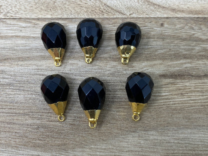 12mm Faceted Black Onyx Bead Charm Pendant , Tear Drop, Gold Electroplated, Small Pendant for Necklace, Bracelet, Earring, Jewelry Supplies