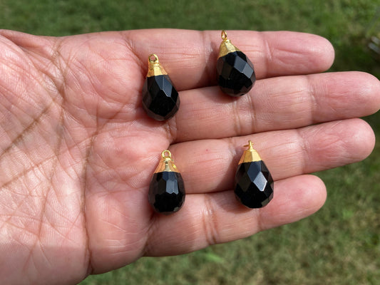 12mm Faceted Black Onyx Bead Charm Pendant , Tear Drop, Gold Electroplated, Small Pendant for Necklace, Bracelet, Earring, Jewelry Supplies