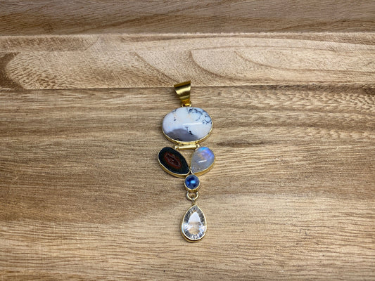 14K Matte Gold Overlay Pendant, Faceted White Topaz, Pearl, Geode, Moonstone with Jasper Gemstone, Birthstone Natural Stone, Wholesale Price